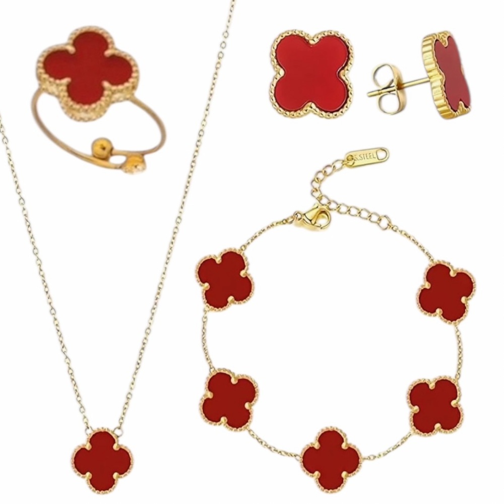 Elegant Red and Gold Four Leaf Lucky Clover Motif Jewelry Set